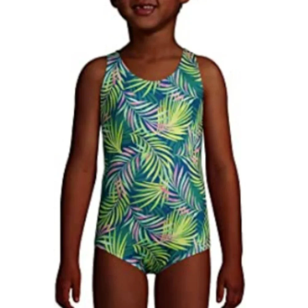 NWT Lands' End Baltic Teal Muti Palm One Piece SZ 4 UPF 50 Criss Cross Back🌴🌴